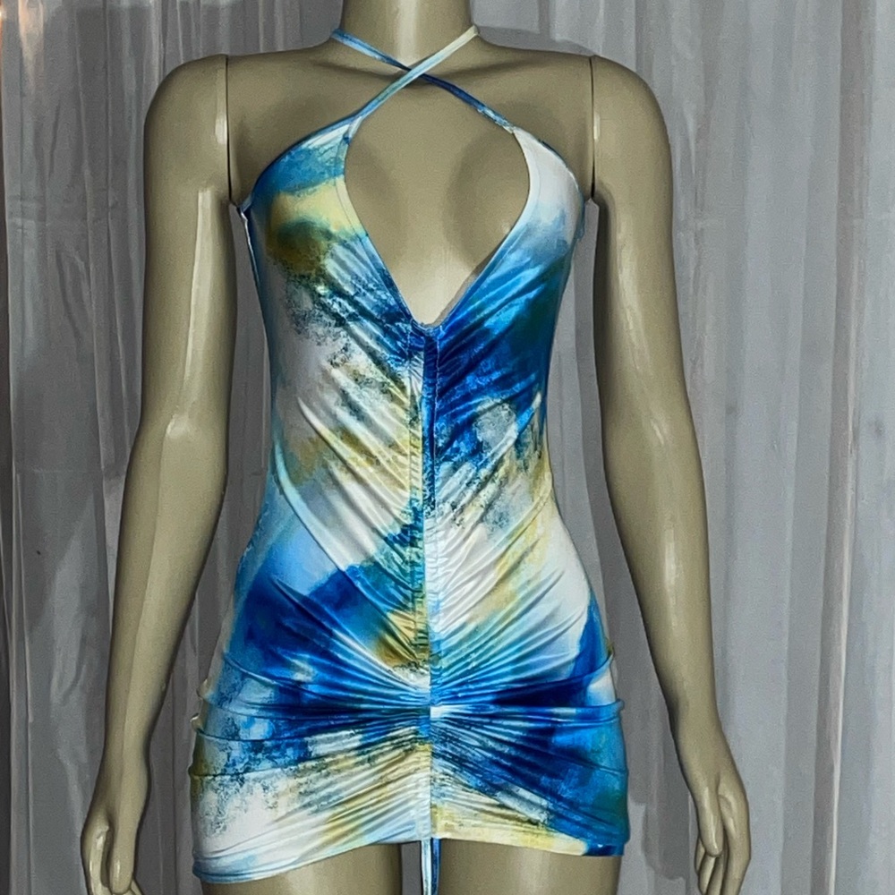 Vibrant Blue and Yellow Halter Dress
